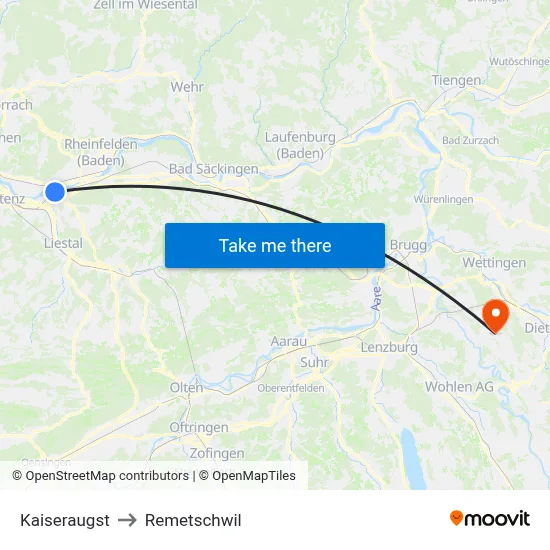 Kaiseraugst to Remetschwil map
