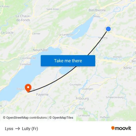 Lyss to Lully (Fr) map