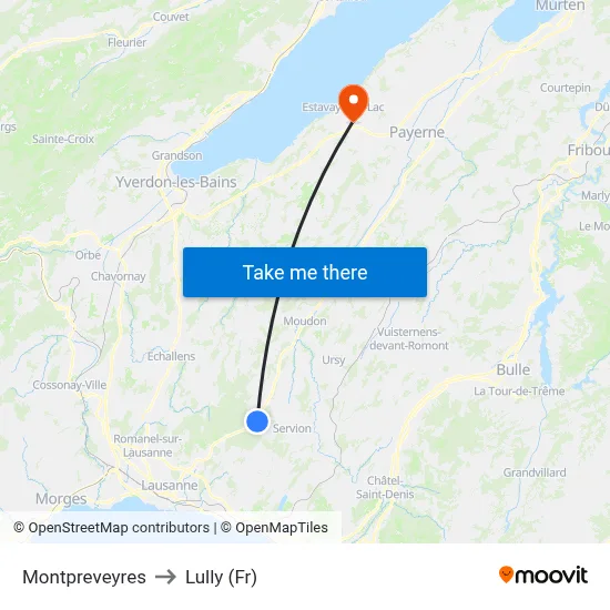 Montpreveyres to Lully (Fr) map