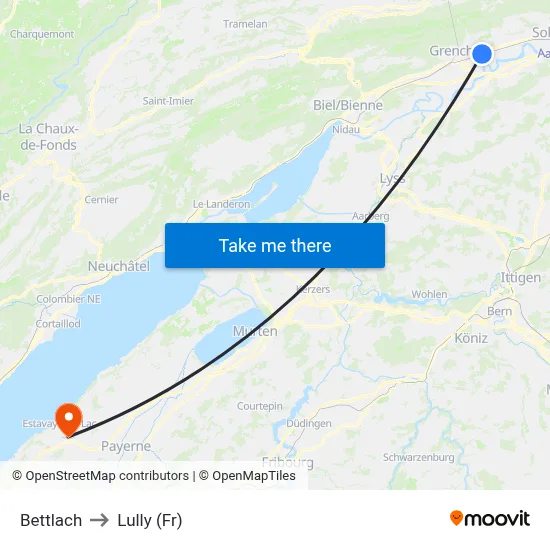 Bettlach to Lully (Fr) map