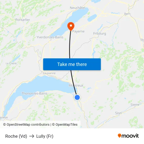 Roche (Vd) to Lully (Fr) map
