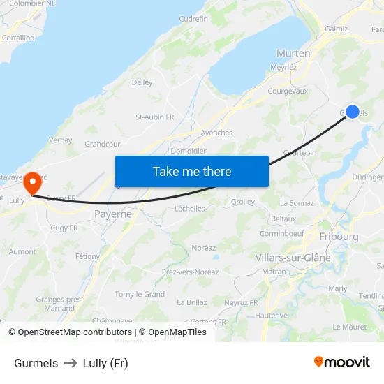 Gurmels to Lully (Fr) map