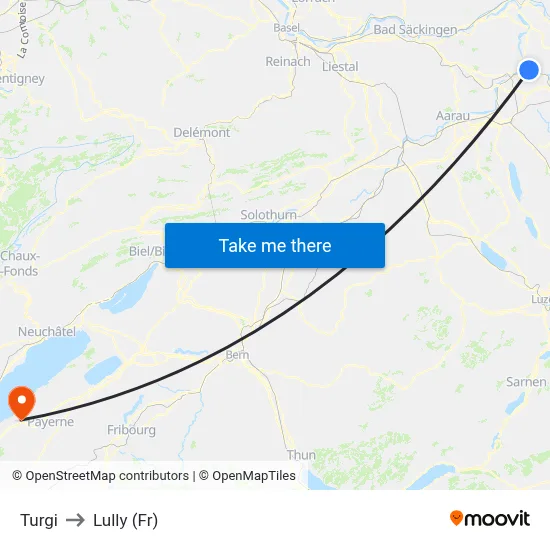 Turgi to Lully (Fr) map
