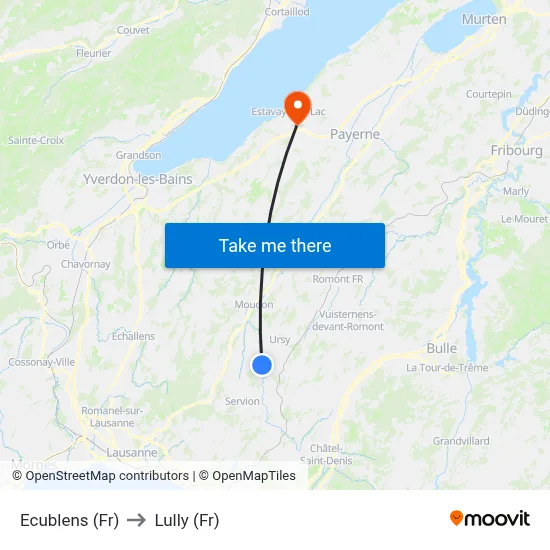 Ecublens (Fr) to Lully (Fr) map
