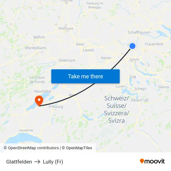 Glattfelden to Lully (Fr) map