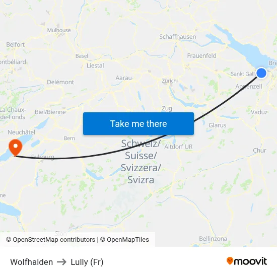 Wolfhalden to Lully (Fr) map