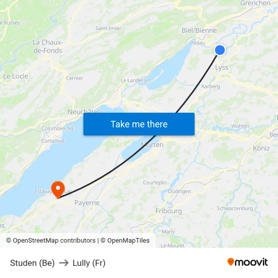 Studen (Be) to Lully (Fr) map