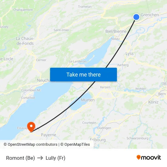 Romont (Be) to Lully (Fr) map