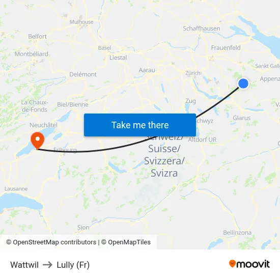 Wattwil to Lully (Fr) map