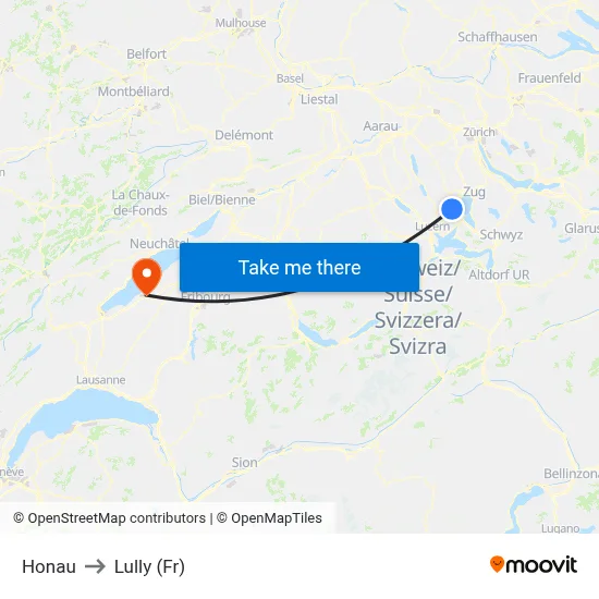 Honau to Lully (Fr) map