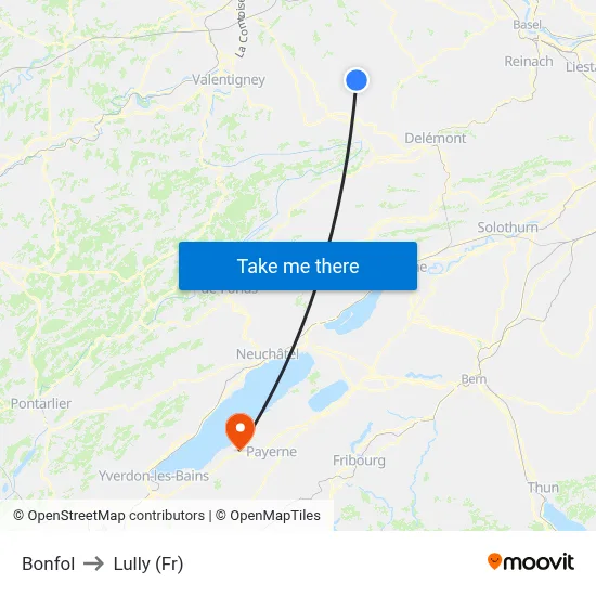 Bonfol to Lully (Fr) map