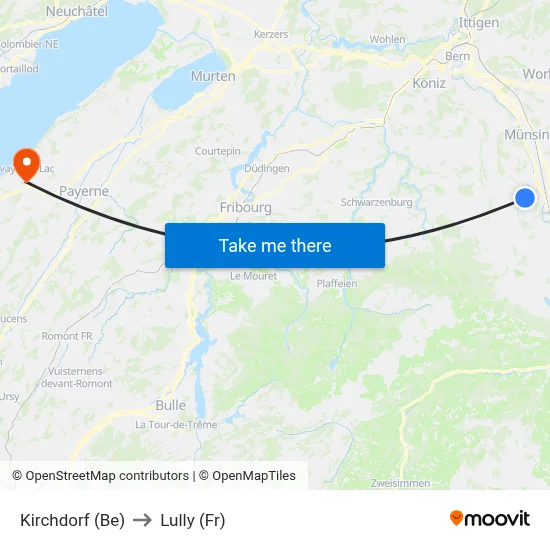Kirchdorf (Be) to Lully (Fr) map