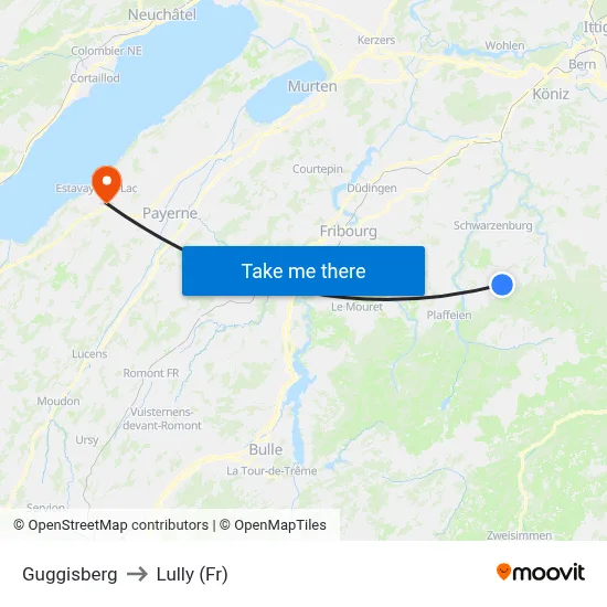 Guggisberg to Lully (Fr) map