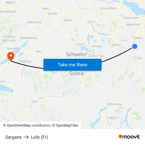 Sargans to Lully (Fr) map