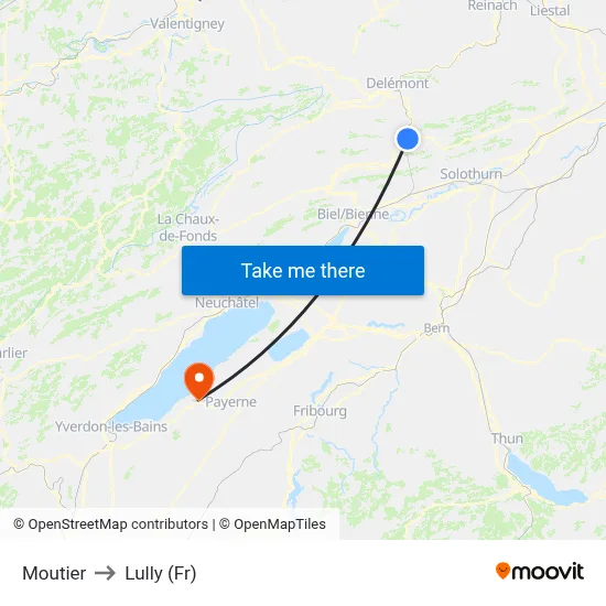 Moutier to Lully (Fr) map