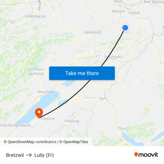 Bretzwil to Lully (Fr) map