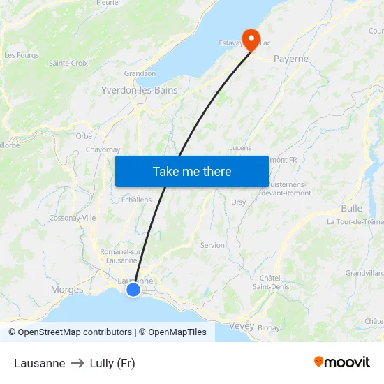 Lausanne to Lully (Fr) map