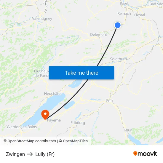 Zwingen to Lully (Fr) map