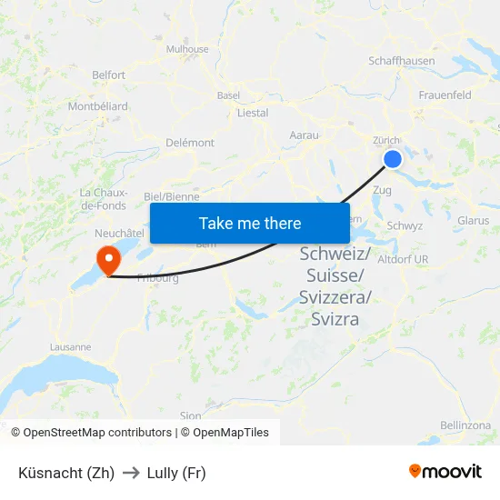 Küsnacht (Zh) to Lully (Fr) map