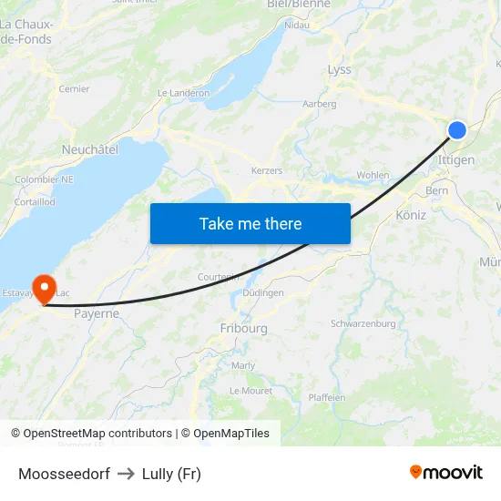Moosseedorf to Lully (Fr) map