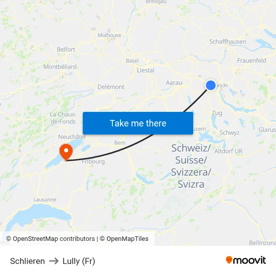 Schlieren to Lully (Fr) map