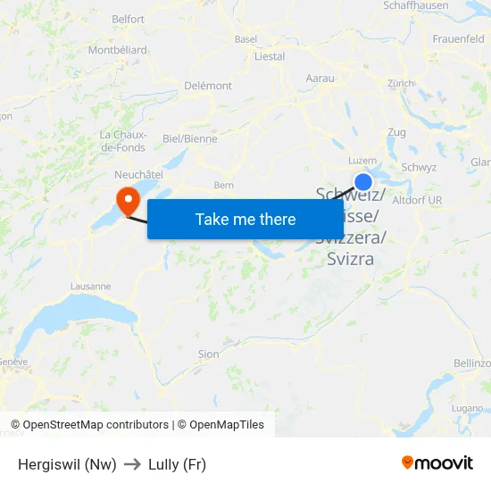 Hergiswil (Nw) to Lully (Fr) map