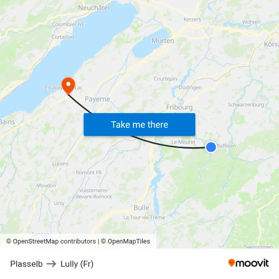 Plasselb to Lully (Fr) map