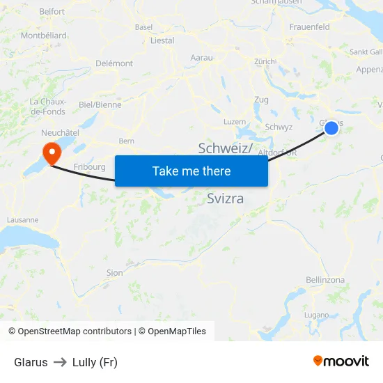 Glarus to Lully (Fr) map