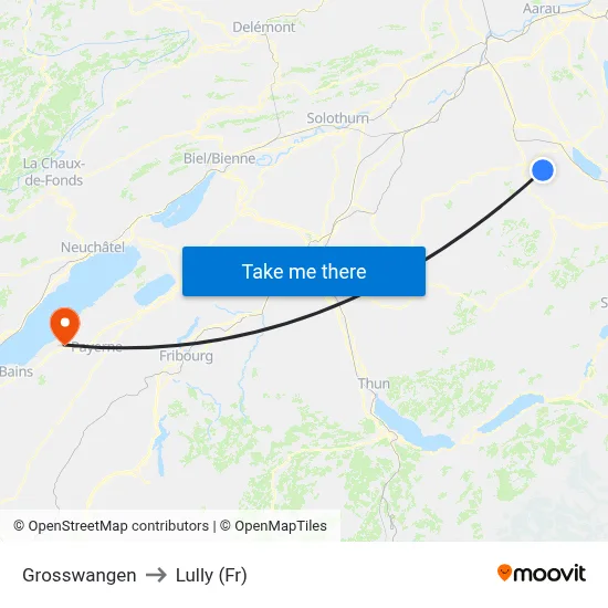 Grosswangen to Lully (Fr) map