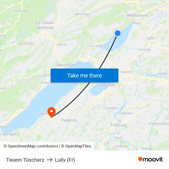 Twann-Tüscherz to Lully (Fr) map