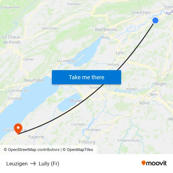 Leuzigen to Lully (Fr) map