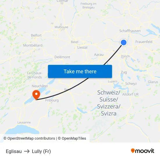 Eglisau to Lully (Fr) map
