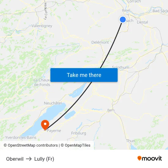 Oberwil to Lully (Fr) map
