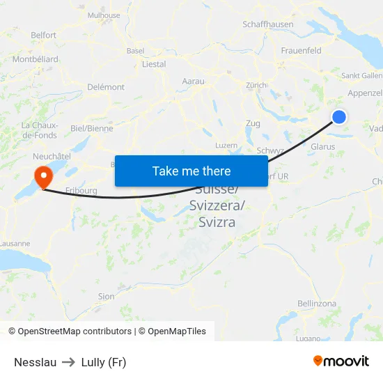 Nesslau to Lully (Fr) map