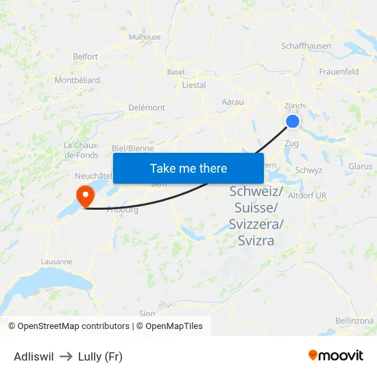 Adliswil to Lully (Fr) map