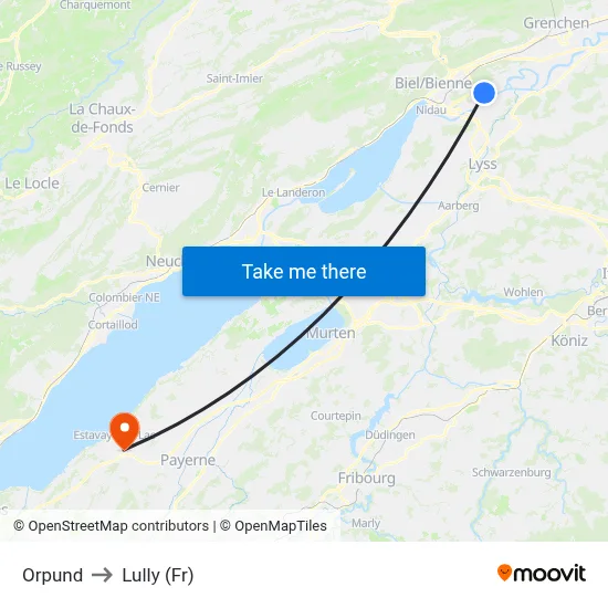 Orpund to Lully (Fr) map