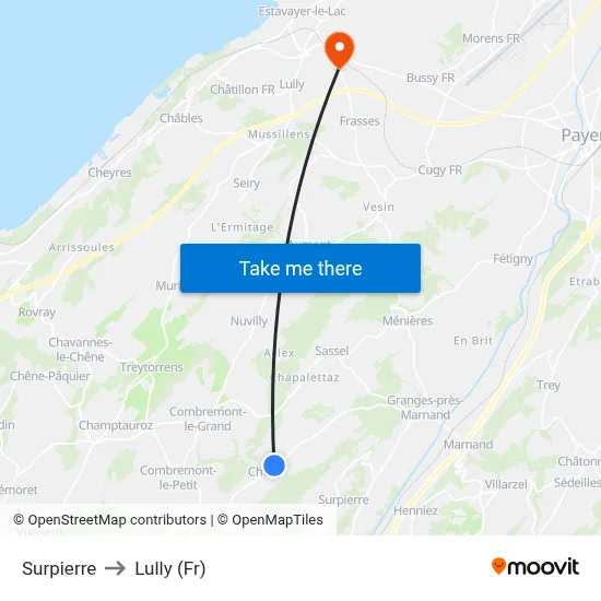 Surpierre to Lully (Fr) map