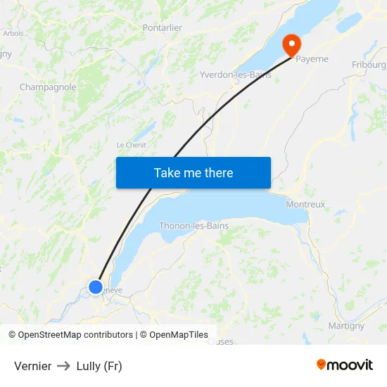 Vernier to Lully (Fr) map