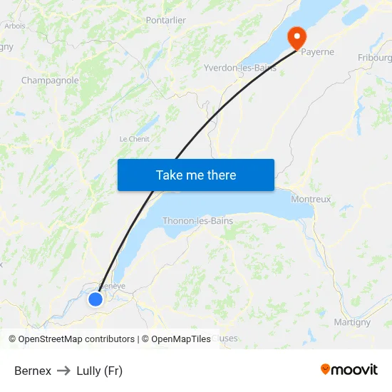 Bernex to Lully (Fr) map