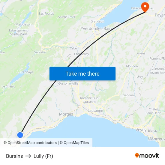 Bursins to Lully (Fr) map
