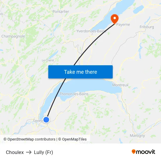 Choulex to Lully (Fr) map