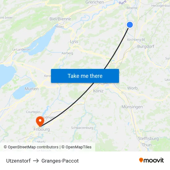 Utzenstorf to Granges-Paccot map