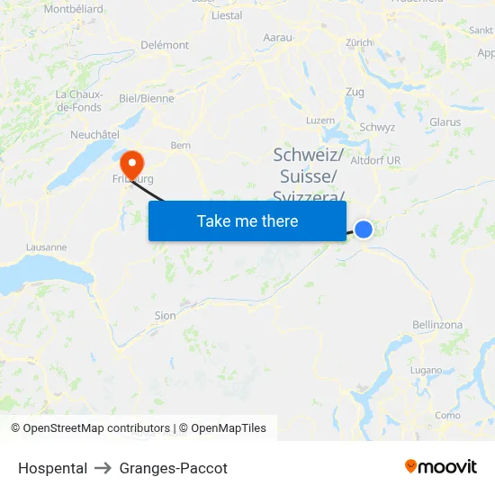 Hospental to Granges-Paccot map