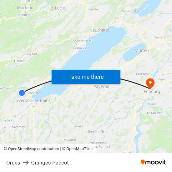 Orges to Granges-Paccot map