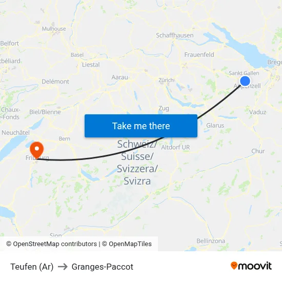 Teufen (Ar) to Granges-Paccot map