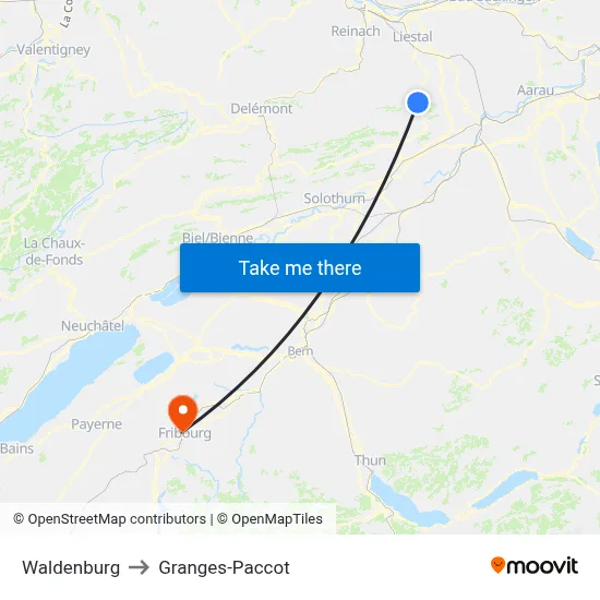 Waldenburg to Granges-Paccot map