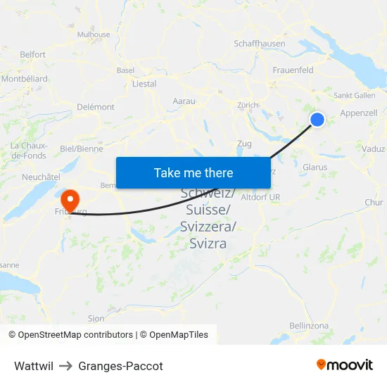 Wattwil to Granges-Paccot map