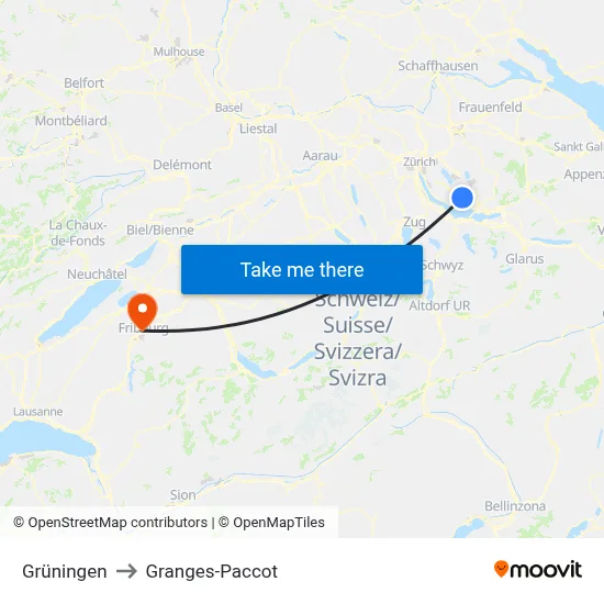 Grüningen to Granges-Paccot map