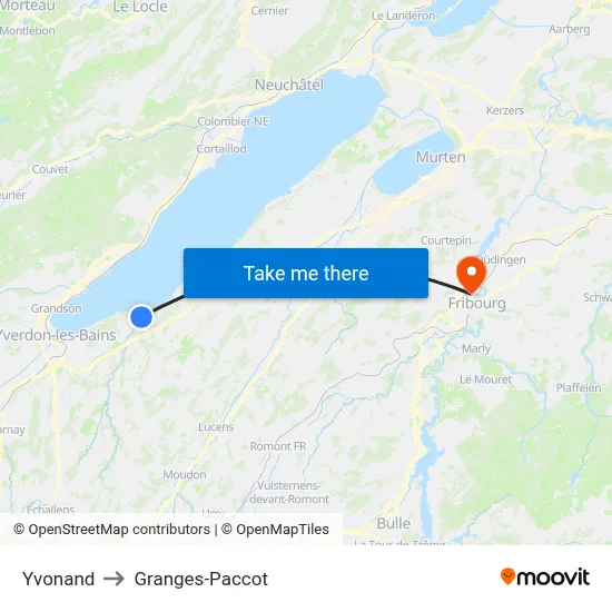 Yvonand to Granges-Paccot map