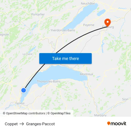Coppet to Granges-Paccot map